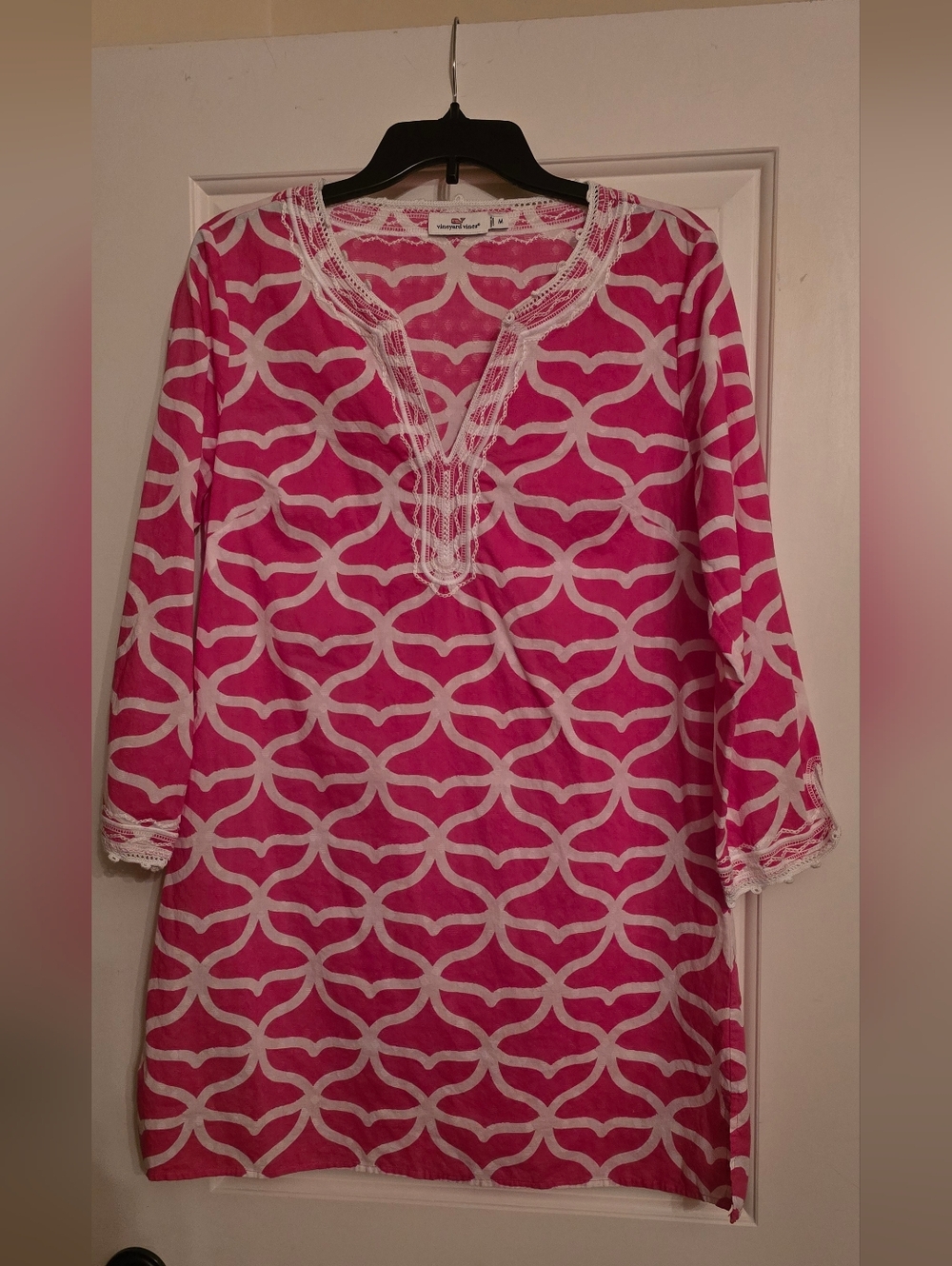 Vineyard Vines Pink and White Crochet-Trim Tunic